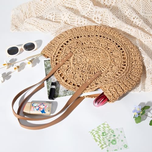 Image of Pleneal Straw Beach Bags for Women - Women Beach Handmade Woven Tote Bag, Summer Mesh Hollow Shoulder Bag for Holiday