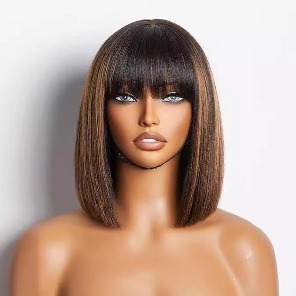 Bob Wig with Bang 100% Virgin Human Hair Wigs Glueless 0.6x3 Lace Closed P1B/30 Color Short Bob Human Hair With Bangs Ready To Go Straight Wig Human Hair (P1B/30, 10Inch)