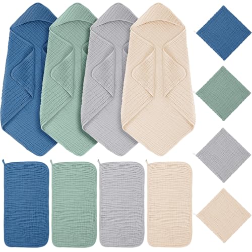 Image of Breling 12 Pcs Muslin Hooded Baby Bath Towel, Hand Towels and Washcloth Set, 36"x 36" Cotton Newborn Bath Towel Cotton Absorbent Blanket Unisex Newborn Gift Essentials for Girl Boy (Blue Series)