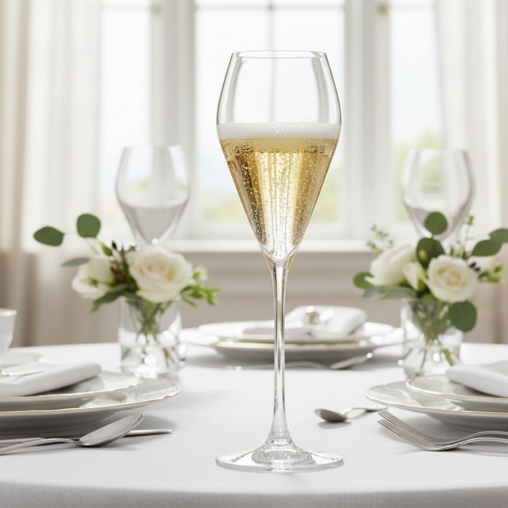Champagnergläser 6 Gläser Set Serie Mode, Prosecco Glas mit moderner und markanter Form, spülmaschinenfest, Premiumqualität inklusive Glaspoliertuch
