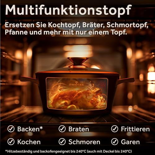 ZWIEGER 3-in-1 Schmortopf mit Deckel Backofengeeignet 28 cm - Groß Bräter induktion, brotbackform mit deckel - Vollflächiger Edelstahlboden, für alle Herdarten geeignet - Antihaft, PFOA-&PFOS-frei 2