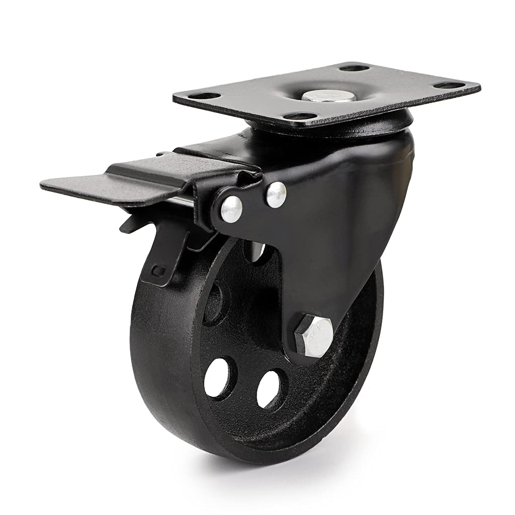 Skelang 4" Plate Caster Wheel, Cast Iron Swivel Plate Casters with Dual Locking for Vintage TV Stand, Coffee Table, Welding Cart, Total Load Capacity 2000 Lbs, Pack of 4