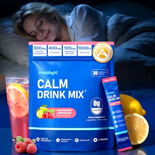 Calm Magnesium Glycinate Powder Drink Mix for Relax & Sleep Aid Cortisol Reducer Supplements for Women Men w/ KSM-66 Ashwagandha L-Theanine Vitamin D3 Balance Mood & Stress Non-GMO Raspberry Lemonade