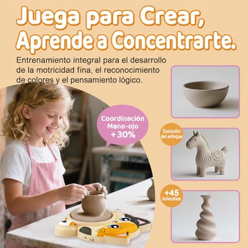 Miniatura 4 de Torno Alfarero Para Niños, Set Completo De Torno Ceramica Para Principiantes, Kit Manualidades Creativo 6 Años Con 3 X Arcilla De Secado Al Aire, Pottery Kit, Regalo Para Niños Y Niñas Motivo Gato