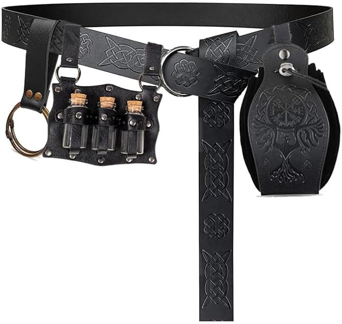 SUMGOGO 4 Pcs Halloween Renaissance Belt Pouch Witch Bottle Skirt Hikes Medieval Viking Pirate Leather Belt Costume Set