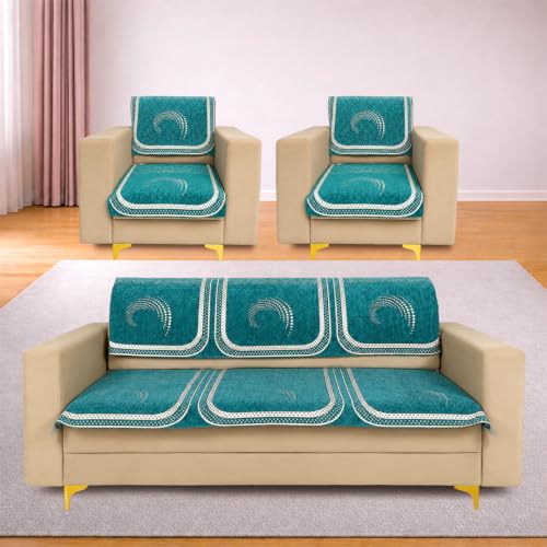 Image of Homerz Premium Chenille Fabric Sofa Cover | Soft, Durable & Dustproof | Decorative Couch Cover (Ghoomar Teal, 5 (3+1+1) Seater, Seat Cover with Backrest)