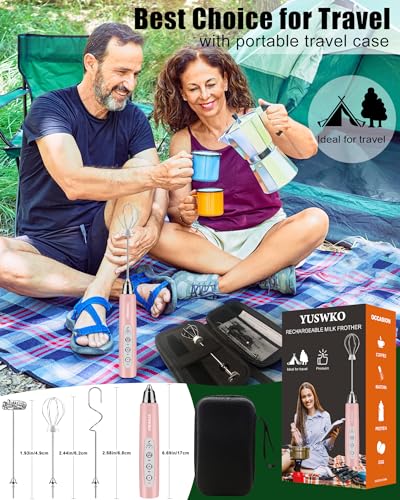 Image of YUSWKO Rechargeable Milk Frother Handheld Frother Wand Drink Mixer for Coffee, Electric Whisk 3 Speed Adjustable, Coffee Foamer Maker with 3 Stainless Whisks Ideal Stirrers for Travel - Pink