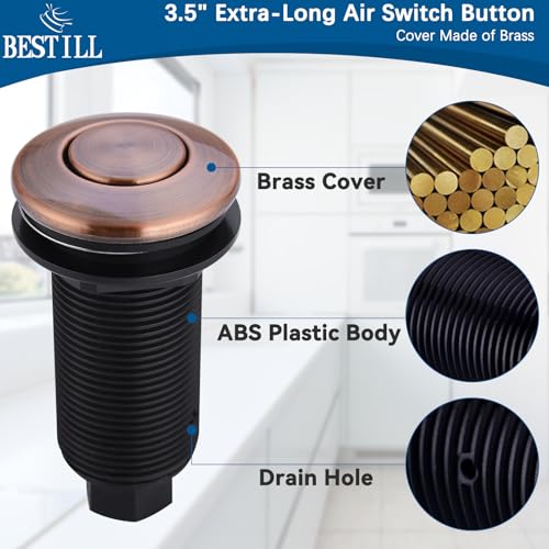 Image of BESTILL Garbage Disposal Air Switch Kit - UL Listed, Cordless Sink Top Switch Button for Waste Disposer, Long Push Button with Brass Cover, Antique Copper, Compatible with all Garbage Disposals