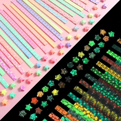 Image of FINEMOE 300 Sheets Mixed Colors Glow in the Dark Star Origami Paper Strips Pack, Double Sided Lucky Star Folding Paper for DIY Crafts, School Projects, Jar Decoration & Handmade Gifts (Luminous)