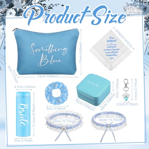 8 Pcs Something Blue Wedding Gift for Bride Wedding Handkerchief 16 oz Skinny Acrylic Tumbler Lace Garter Belt Angel Bouquet Charm Bridal Cosmetic Bag Scrunchies Gift Box Jewelry Case2
