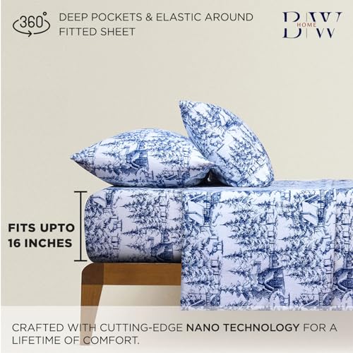 Image of Briarwood Home Printed Flannel Sheet Set, 100% Natural Cotton, Soft, Warm & Deep Pocket, Advanced Nano-Tech Making it Resistance to Pilling; Brushed 6 Times for Softness (Blue Sylvania, Queen)