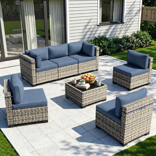 Image of 7-Piece Patio Furniture Set, Outdoor Sectional with Thick Cushions, Modular Patio Sofa, Dual-Strand Wicker Rattan, Rust-Resistant Frame, Backyard Furniture for Garden, Deck, Navy Blue