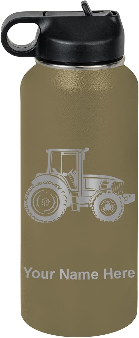 LaserGram Personalized Water Bottle, Farm Tractor, Stainless Steel Double Wall Vacuum Insulated with Flip Top Straw, Custom Engraved Gift (32oz / 950ml Camo Green)