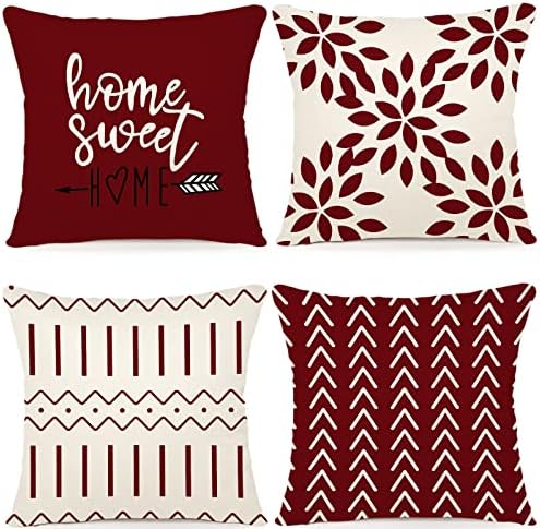 YCOLL Burgundy Pillow Covers 18x18 Set of 4, Modern Sofa Throw Pillow Cover, Decorative Outdoor Linen Fabric Pillow Case for Couch Bed Car 45x45cm (Wine Red, 18x18,Set of 4)