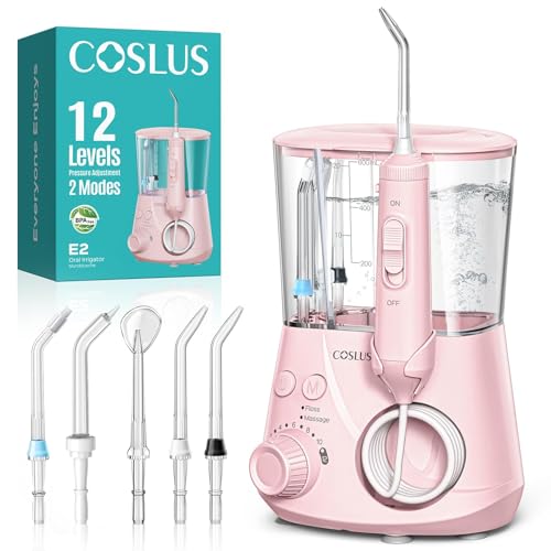 Image of COSLUS E2 Advanced Water Dental Flosser Teeth, 2 Modes 12 Pressure Settings | Electric Pick for Orthodontic, Braces, Sensitive Gums - Home Use, 5 Jet Tips for Multiple Family Users, Pink, Standard Set