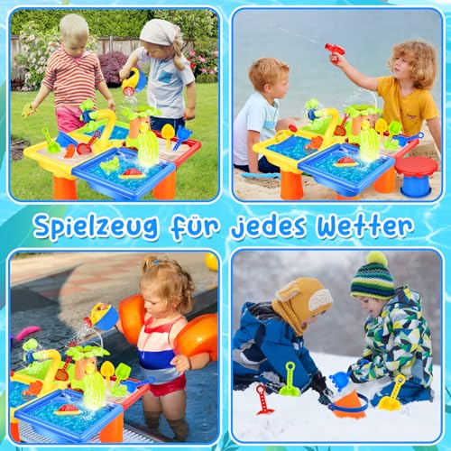 JONRRYIN 4 IN 1 Sand Wasserspieltisch, Wassertisch Strandspielzeug, Matschtisch Strandtisch für Kinder, Sandkastentisch Kinder, Wasser Outdoor Aktivität Sommer Sand Spielzeug für Mädchen Junge