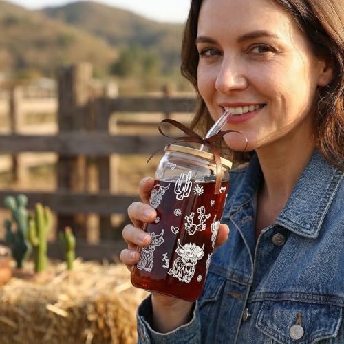 Celebloom Highland Cow Gifts for Women, Glass Cups with Lid and Straw - image 4