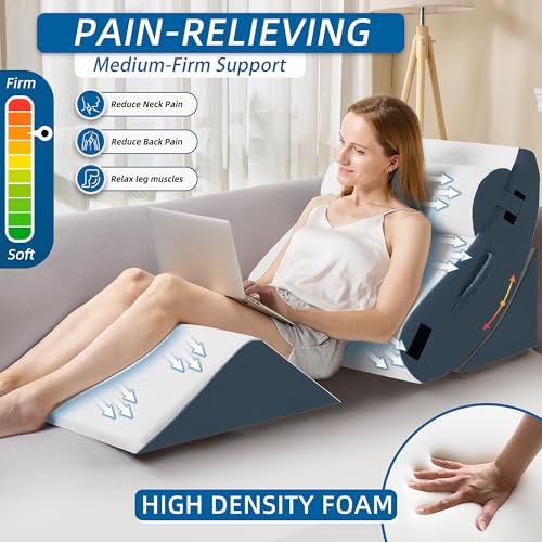 Image of HABUTWAY 4Pcs Orthopedic Wedge Pillow, Bed Pillow for Sleeping, Post Surgery Foam Wedge Pillow for Back Pain Relief, Triangle Adjustable Support Pillow with Machine Washable Cover, Blue