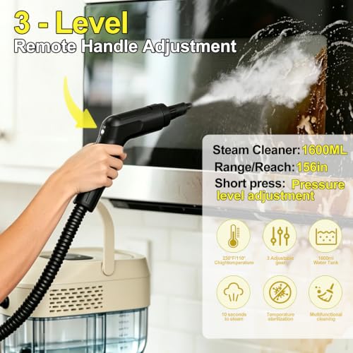 Image of 2500W Handheld Steam Cleaner, 3 Bar 221F High Temperature Steam, 15s Fast Heat-Up, 1.6L Water Tank, 3 Adjustable Steam Levels. Ideal for Kitchens, Sofas, Hard Floors, Tiles & Car Interiors【Cream】
