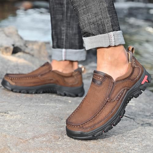 Image of MOSTELO Mens Slip On Casual Loafers Classic Outdoor Leather Walking Hiking Shoes Comfortable for Work Office Dress Outdoor