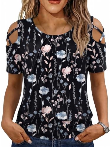 Image of Jar of Love Women's Summer Tops Short Sleeve Cold Shoulder Tops T-Shirts for Women Spring Summer Tops Loose Fit Tunic 2026