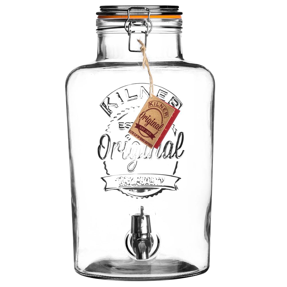 KILNER ROUND Getränkespender mit Zapfhahn | 8 Liter, H: 32 Ø 18 cm | Bügelverschlusses aus Edelstahl | Hochwertiger, tropfsicherer Getränkespender Zapfhahn | Einfaches Nachfüllen | Getränkefass, Glas mit Edelstahl-Bügelverschluss, für Partys und Alltag, s