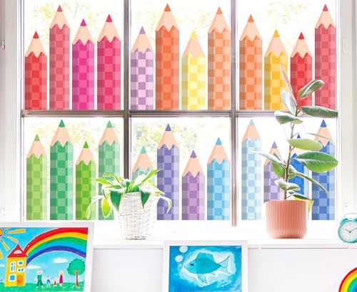 Image of Whaline 9 Sheets Pastel Checkerboard Pencil Window Clings Watercolor Pencil Window Decal Reusable Anti-Collision Windows Decor for Back to School Classroom Nursery Decor