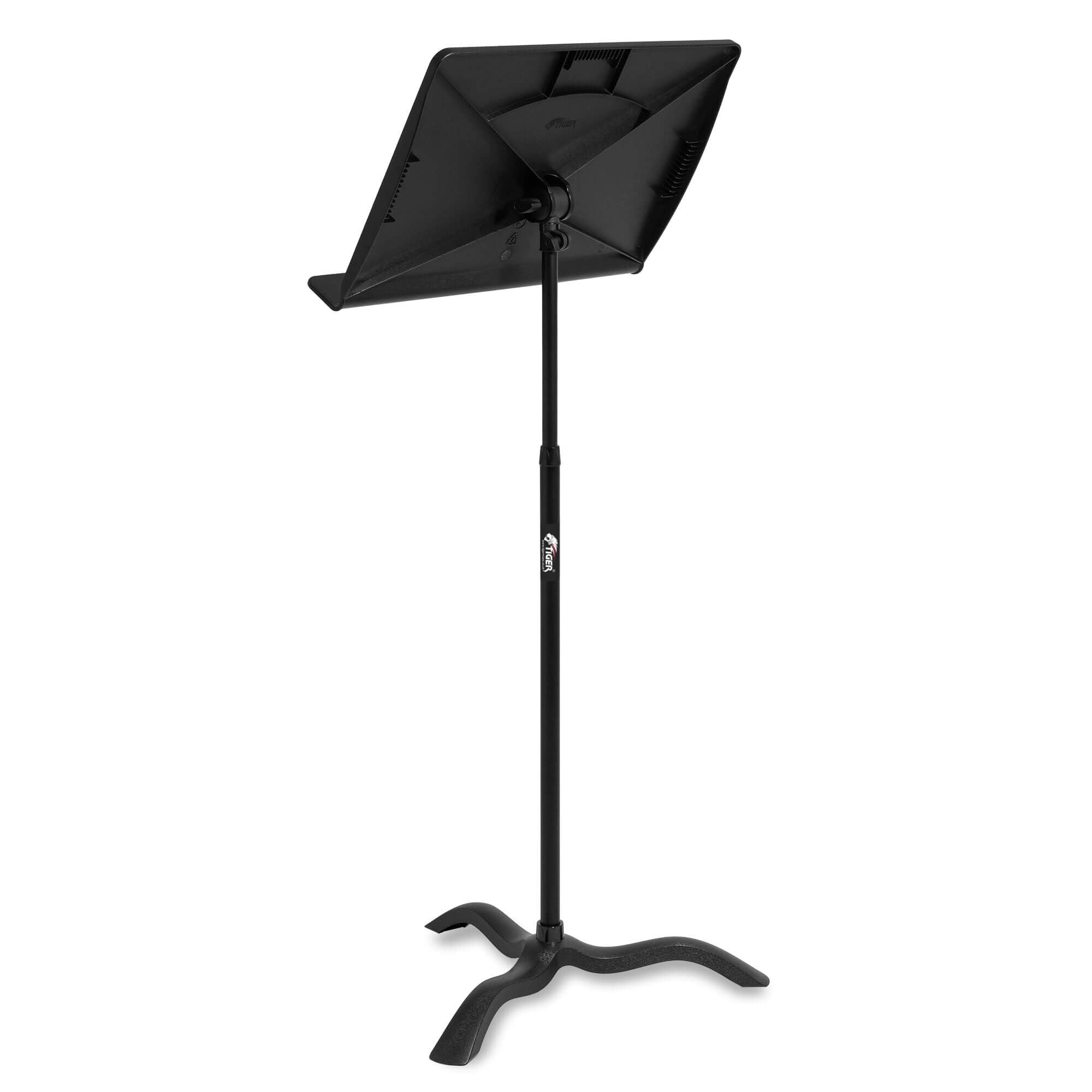 Tiger leggio orchestrale regolabile con piano da 50 cm | Altezza 64–116 cm, piano in polimero silenzioso, inclinazione libera e base a treppiede compatta.