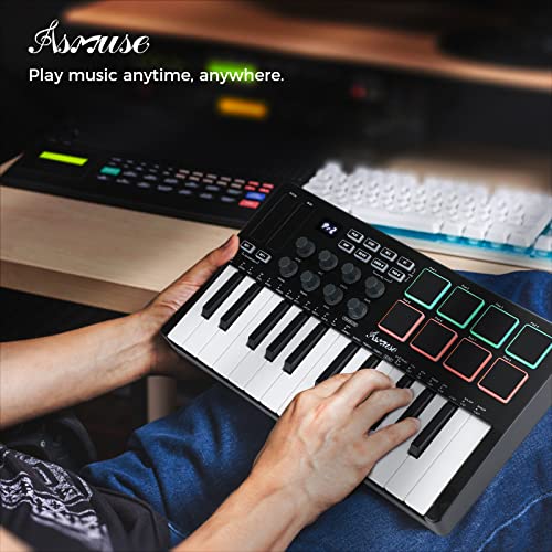 Asmuse Wireless Midi Keyboard, 25 Keys Usb Midi Controller Keyboard With Bluetooth, Professional Mini Mk3 With Beat Pad, Knobs And Keys (Black) #TOP4