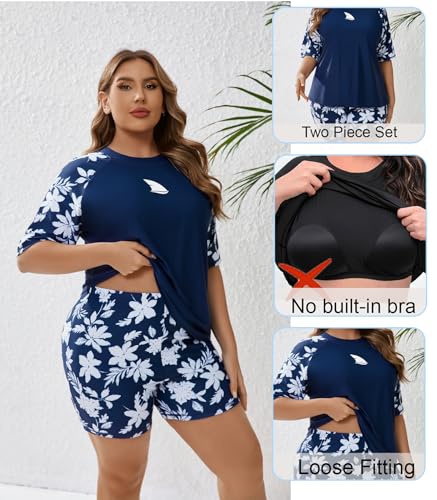 Womens Two Piece Plus Size Short Sleeve Rash Guard Sets Modest Swim Shirts Top and Shorts UPF50+ Swimsuit3