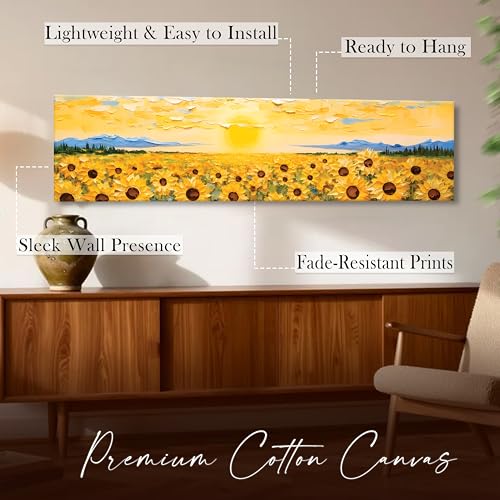 Image of Abstract Sunflower Field Landscape Stretched Canvas Wall Art Painting for Living Room, Horizontal Floral Sunrise Canvas Wall Decor For Livingroom, Bedroom, Office, Hallway's, Hotel 12x46 Inch