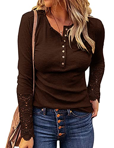 Image of Kancystore Women's Fall Long Sleeve Tops Lace V Neck Button Down Henley Shirts Tunic Blouses