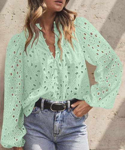 BETTE BOUTIK Women's Long Short Sleeve Tops 2025 Dressy Casual Button Hollow Out Lace Embroidered Blouses Shirts