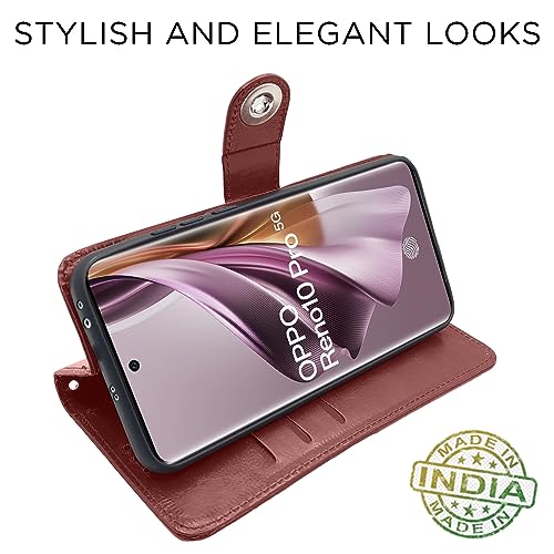 Image of Pikkme Oppo Reno 10 Pro 5G Flip Cover Leather Finish | Inside TPU with Card Pockets | Wallet Stand and Shock Proof | Complete Protection Button Flip Case (Brown)