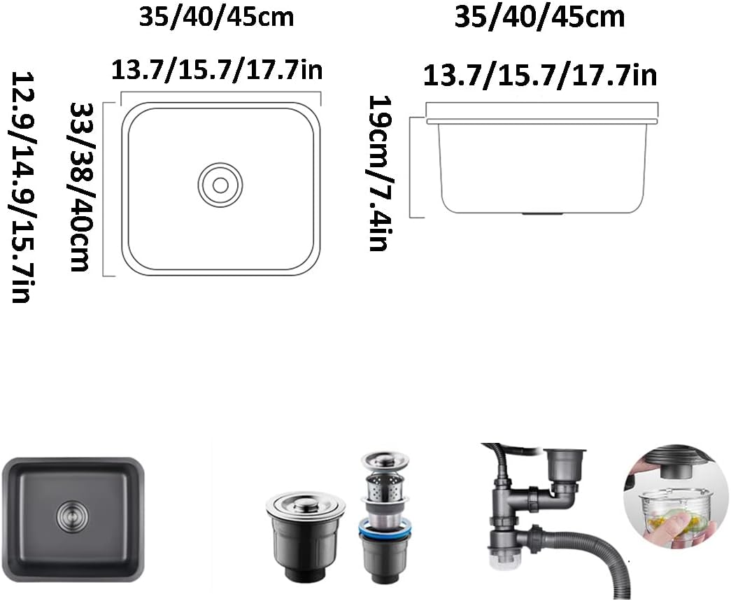 Square Stainless Steel Bar Or Prep Kitchen Drop-in Top Mount Or Undermount Easy to Clean V-Shaped Sewer Pipe,Black-35x33x19cm