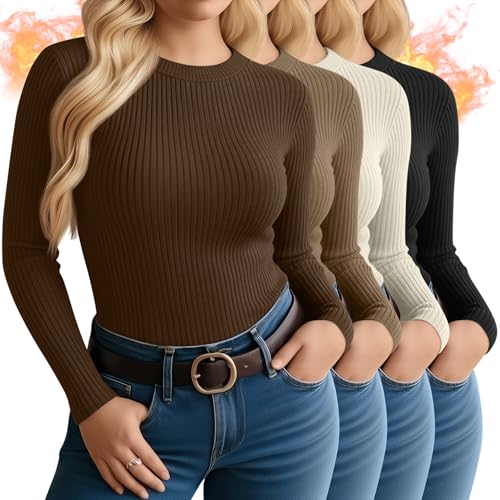 Velvelhall 4 Pack Women's Plus Size Long Sleeve Thermal Shirts Cotton Crew Neck Fleece Lined Tops Slim Fit Winter Undershirt(Black, Cream, Khaki, Brown,XX-Large)