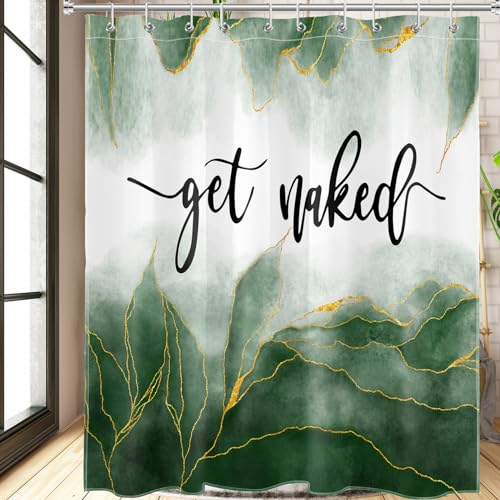LB Green Marble Shower Curtain Black Funny Quote Get Naked Shower Curtains for Bathroom Gold Striped Abstract Polyester Anti Mould Waterproof Small Bath Curtain Set including Hooks,59x71 inches - Image 3