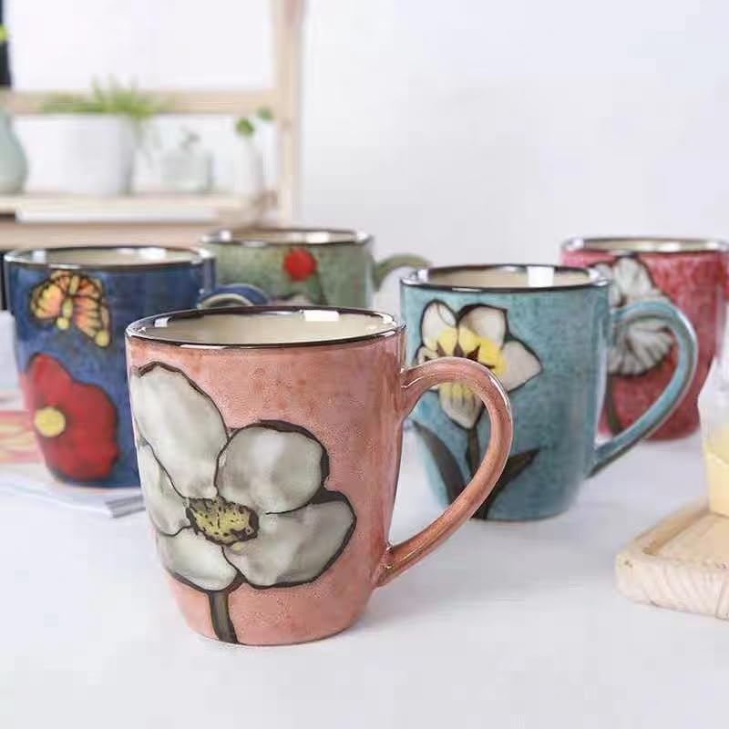 Miniatura 3 de (Juego de 4 tazas de café + 4 cucharas) de estilo vintage pintado a mano, taza de capuchino de cerámica de 12 onzas, tazas de té, tazas de café,