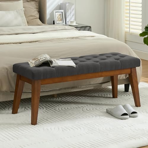 Image of WUTUTUEE 43.5'' Linen Bedroom Bench, Upholstered End of Bed Bench with Tufted Button, Padded Vintage Dining Bench, Entryway Bench with Solid Wood Legs, Kitchen, Living Room, Hallway, Dark Grey Tufted