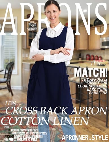 Image of Cozy Adjustable Cross Back Aprons for Women with Pockets Cotton Linen Cooking Kitchen Baking