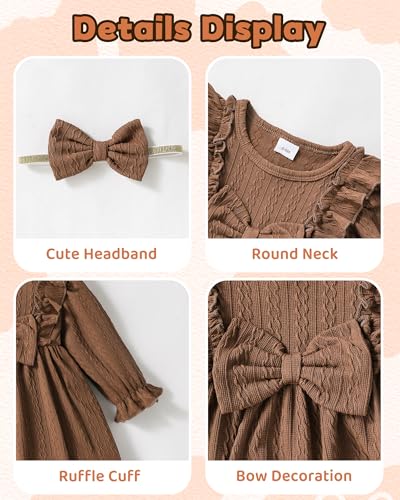 Mioglrie Baby Toddler Girls Dress Toddler Girls Long Ruffle Sleeve Dresses 12-18 Months Dresses Baby Girl Clothes Fall Winter Outfits Brown Dress - Thumbnail 5
