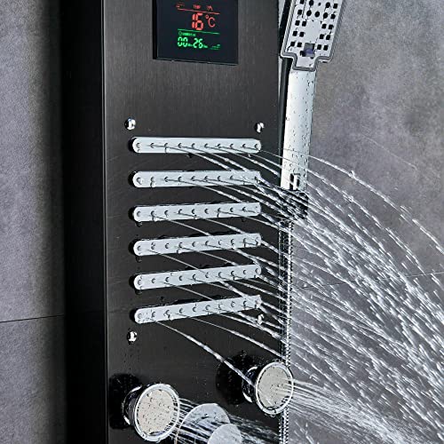 Panel de Ducha LED con Torre, Chorro Cascada y Lluvia, Sistema de Masaje y Grifo — Acabado Negro y Dorado Cepillado miniatura 7