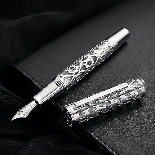 Image of Hongdian D1 Piston Fountain Pen Extra Fine Nib, Hollow Skeleton & Resin Pen with Metal Case Set (Silver)