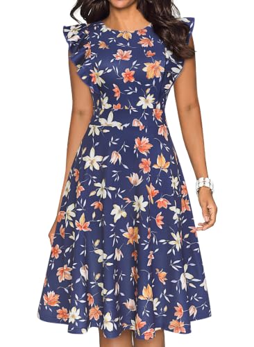 Image of YATHON Women's Vintage Ruffle Sleeve Floral A Line Cocktail Party Dresses