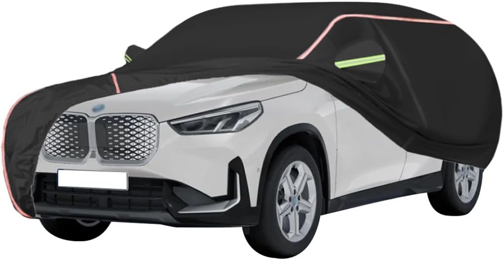 WOLWES Car Cover are Suitable for BMW iX1 eDrive20 All-Weather Windproof, Snowproof, Rainproof, UV-Protected and Breathable All-Season Universal with Side Door Zip Oxford Cloth Car Cover (Color : Bla