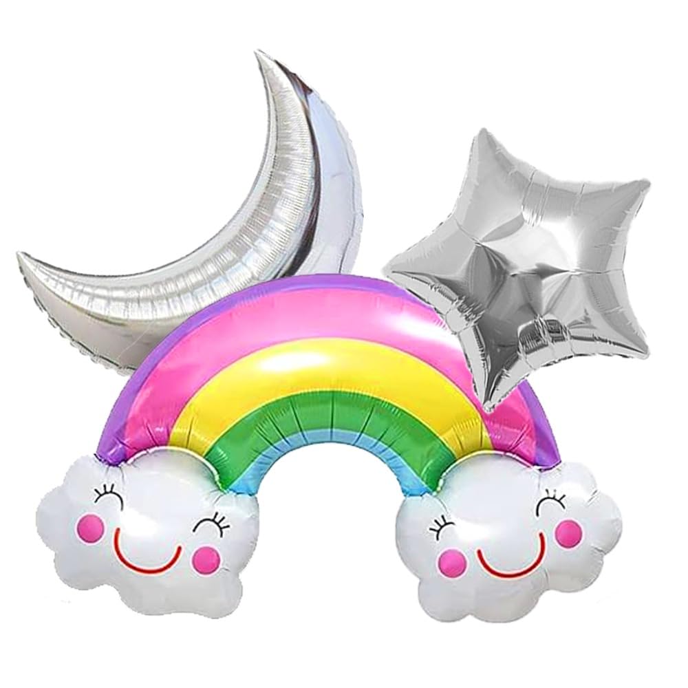 3PCS/Set Rainbow Cloud Shape Balloons with Silver Moon and Star Birthday Party Wedding Anniversary Decoration