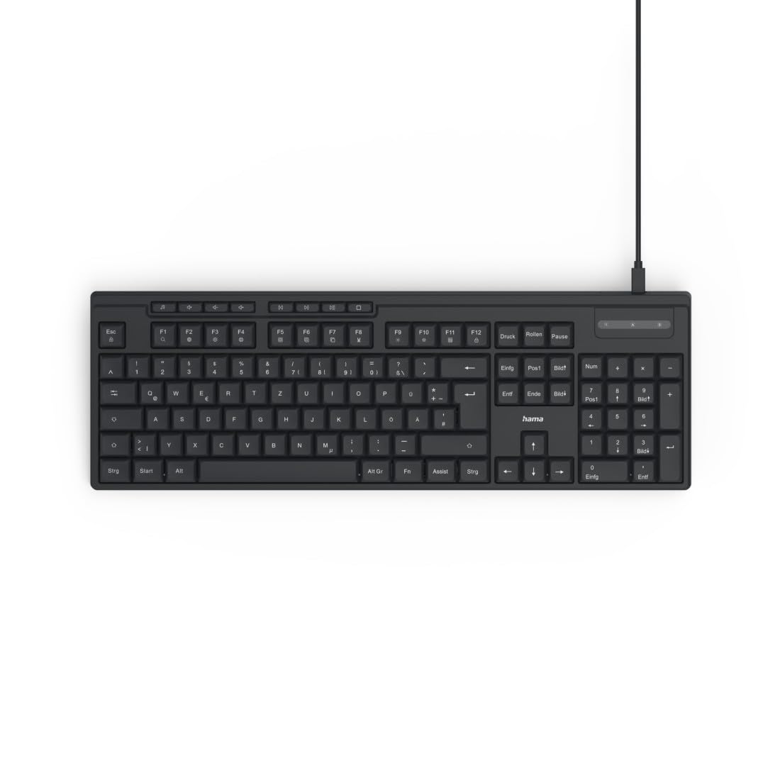 Hama Tastatur kabelgebunden CK-200 (USB Tastatur, ergonomisches Tippgefühl, leise Tasten, Kabel abnehmbar, deutsches QWERTZ-Layout, Multimedia Tasten, Assist Taste für KI Assistenten) schwarz