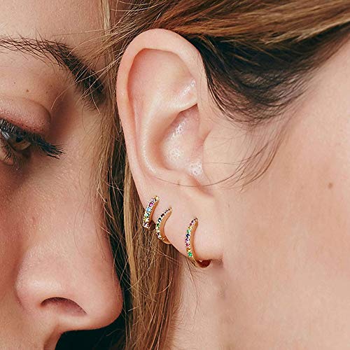 Rainbow 14K Gold Plated Mini CZ Small Cartilage Cuff Hoop Earrings for Women Teen Girls Multicolored Cubic Zirconia Tiny Sleeper Tragus Huggie Hoops Piercing Jewelry Gifts for Christams Party Birthday4