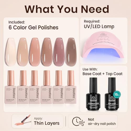 Image of Beetles Nude Gel Nail Polish Set - 6 Colors Neutral Nude Jelly Gel Nail Polish Kit Sheer Transparent Effect Soak Off UV DIY Dusky Mocha French Nail Art Manicure Gifts for Women