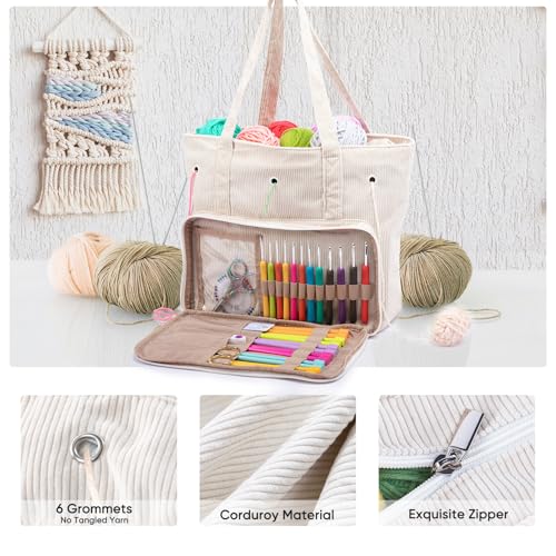 Image of MYBAGZING Large Corduroy Yarn Bag - Tote for Crochet Hooks & Accessories - Knitting Storage Bag